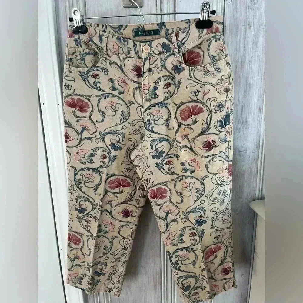 LAUREN RALPH LAUREN Cropped Linen Cotton Floral Print pant 4 cottage prep